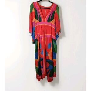 NWT Farm Rio Dress Rainbow Toucan Maxi Multicolor XL Pleated Printed Satin Maxi